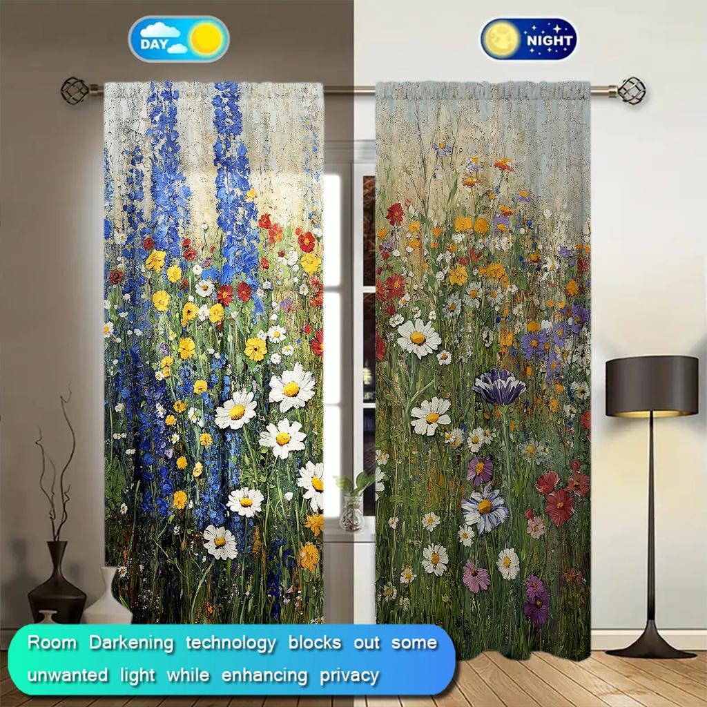 2pcs Flower Sea Oil Painting Printed Curtain for Home Decor - Rod Pocket Window Treatment for Bedroom, Office, Kitchen