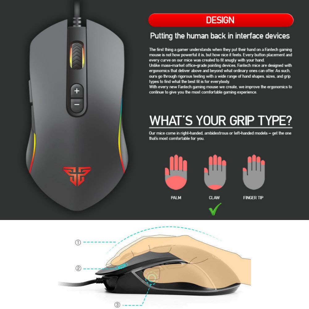 FANTECH Basic Wired Gaming Mouse X9 RGB 7 Butoane Macro Programabile True 4800 DPI Claw Grip Mouse de Gaming Confortabil pentru Începători pentru Windows PC Negru