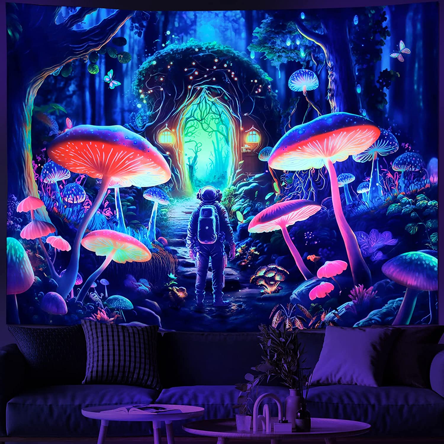 Arazzo Blacklight Con Funghi E Rana - UV Reactive 130x150 Cm - Galoker - 3