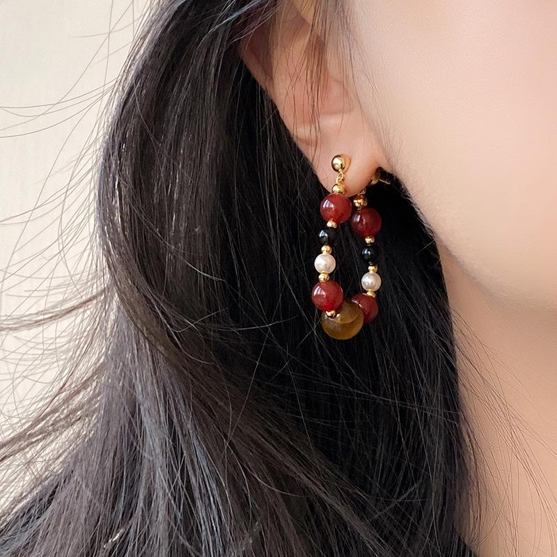 Merade Silver Needle Black Agate Tiger Eye Pearl Stud Earrings - Retro Light Luxury Design