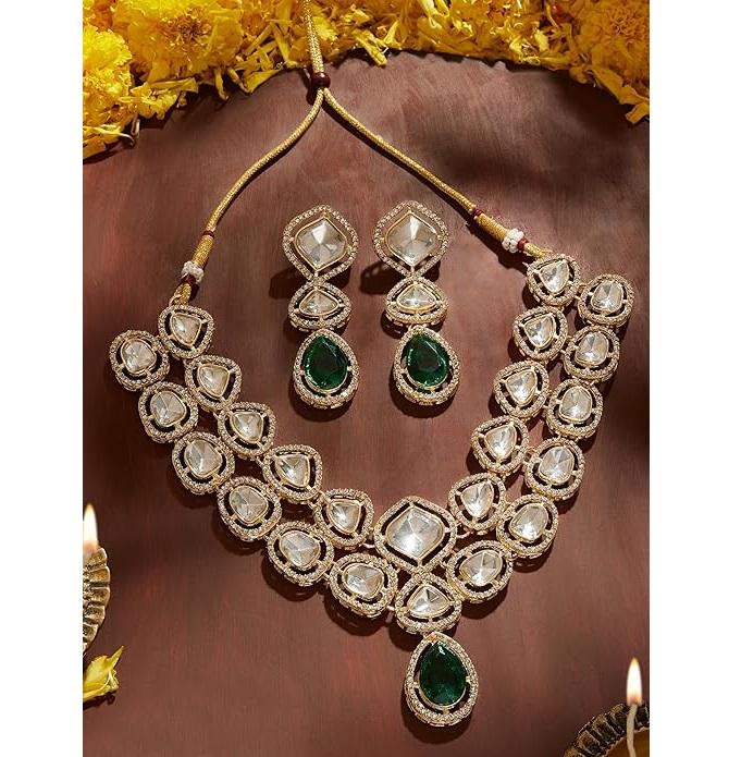 Green Stones Dazzling Austrian Diamonds Bling Necklace & Earring Set For Women