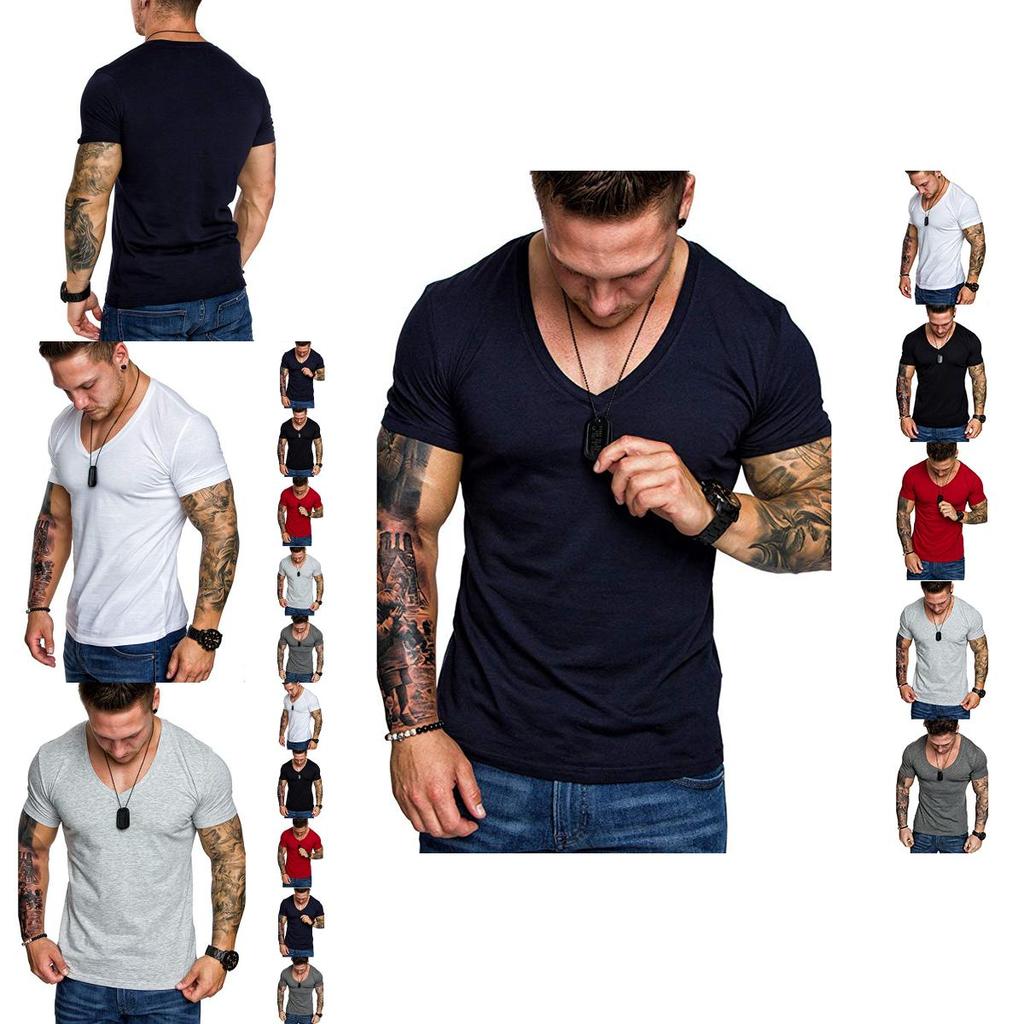 High-quality Men's Slim V Neck Short Sleeve Muscle Tee T-shirt For Casual Wear