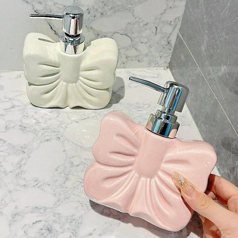 1pc, Ceramics Bowknot Lotion Press Bottle, Household Bathroom Shower Gel Bottle, Plastic Pump Head, Bathroom Liquid Dispenser