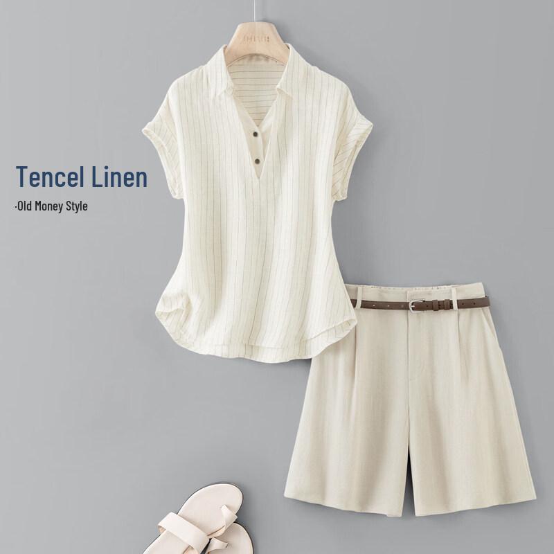 IHIMI Women s Tencel Linen Shirt & Shorts Set M