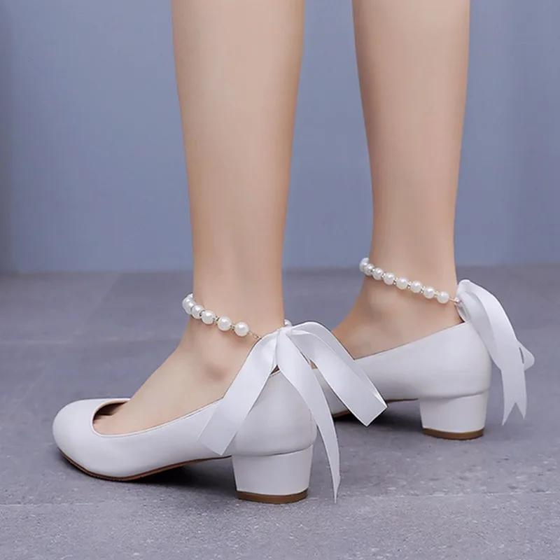 Women Pumps Sexy Wedding Prom Sandals Ankle Strap PU 3CM Square Heel New Fashionable Round Headed Pearl Ribbon Women Shoes