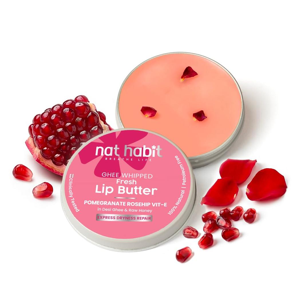 Nat Habit Lip Balm Fresh Infused Pomegranate Rose Lip Butter With Desi Ghee & Raw Honey For Lip Pigmentation, Lightening, Dark And Chapped Lips, 10