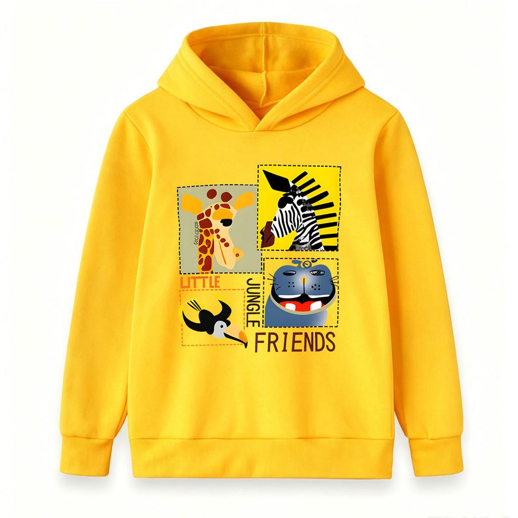 Kids Unisex Boys Girls Pullover Hoodie, Cute Little Jungle Friends Giraffe Zebra Hippo Toucan Graphic Casual Warm Hooded Sweatshirt for Daily Wear