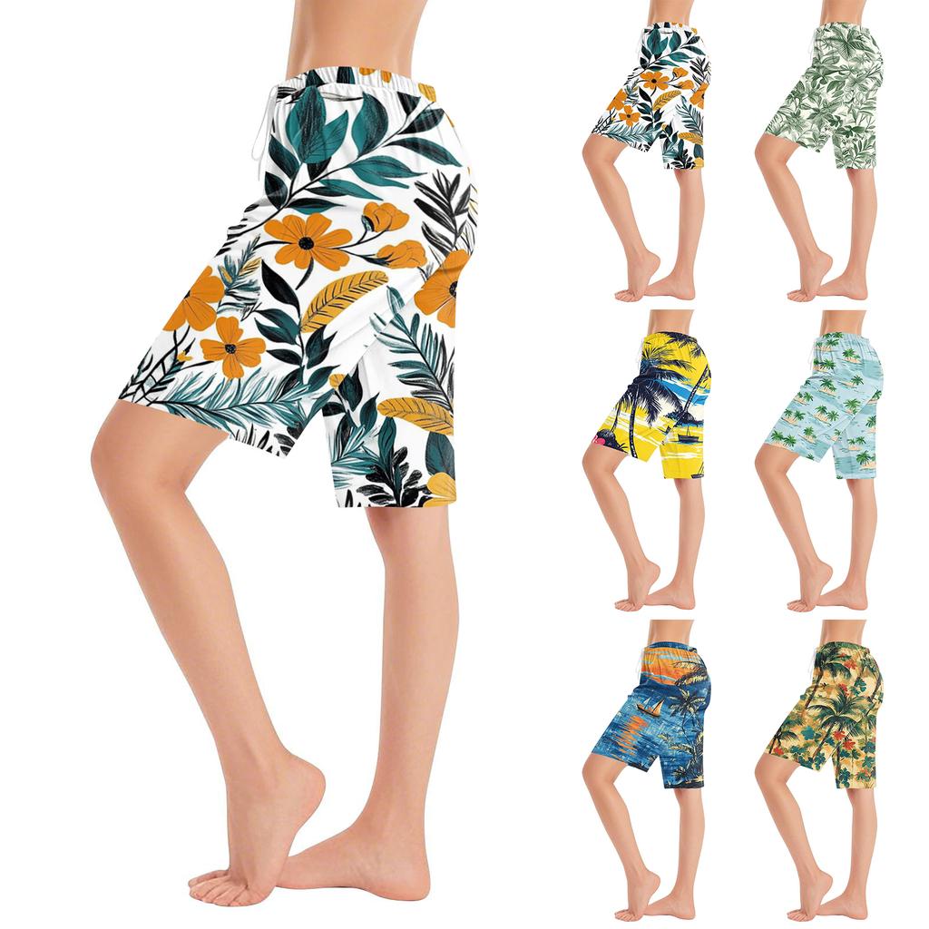 Women Drawstring Waist Hawaiian Floral Print Shorts Relaxed Fit Casual Lightweight Summer Beachwear for Outdoor Activities