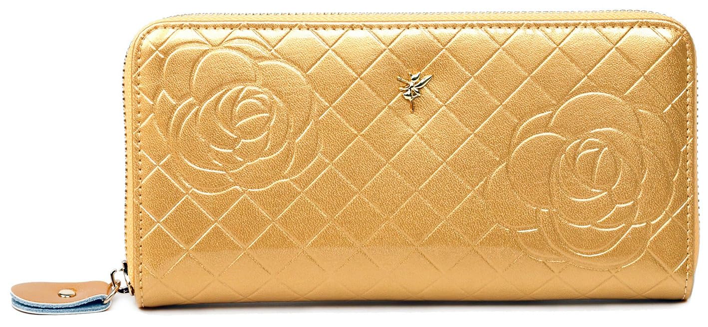 

Fair Fairy Women s Rose Enamel Genuine Leather Long Wallet (230913) (Gold)