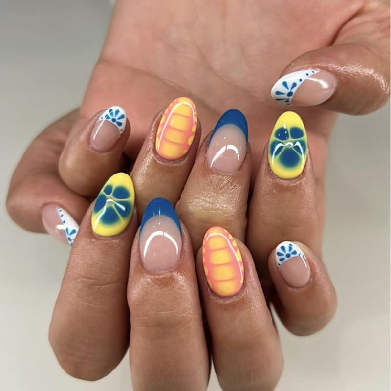 30 Pcs Orange Press on Nails Short Almond, YIHONGYAN Spring Reusable Fake Nails with 3D Flowers Gilded Design Acrylic Nail Kit Glue on Nails Full