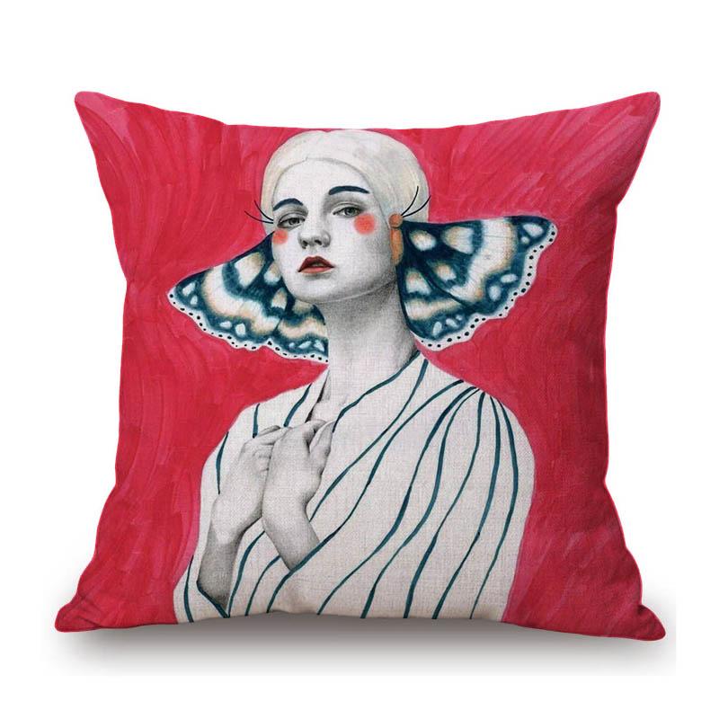 Vintage Argentina Artist Flower Leaves Background Fashion Girl Comic Beautiful Cotton Linen Sofa Pillow Case Cute Cushion Cover