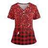Women's Loose Short Sleeved Fashionable Square Printing V-neck Buttonable Side Slit Top T-shirt