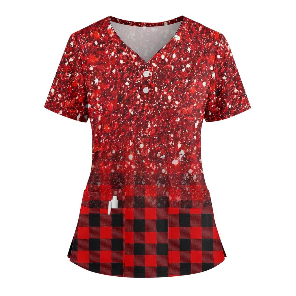 Women's Loose Short Sleeved Fashionable Square Printing V-neck Buttonable Side Slit Top T-shirt