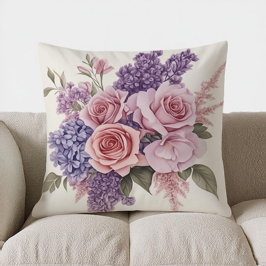 Home Decor Floral Peony Pillow Cover With Purple Blooms Pattern Cushion Cover Suitable For Sofa Bedroom Car Pillow Cover