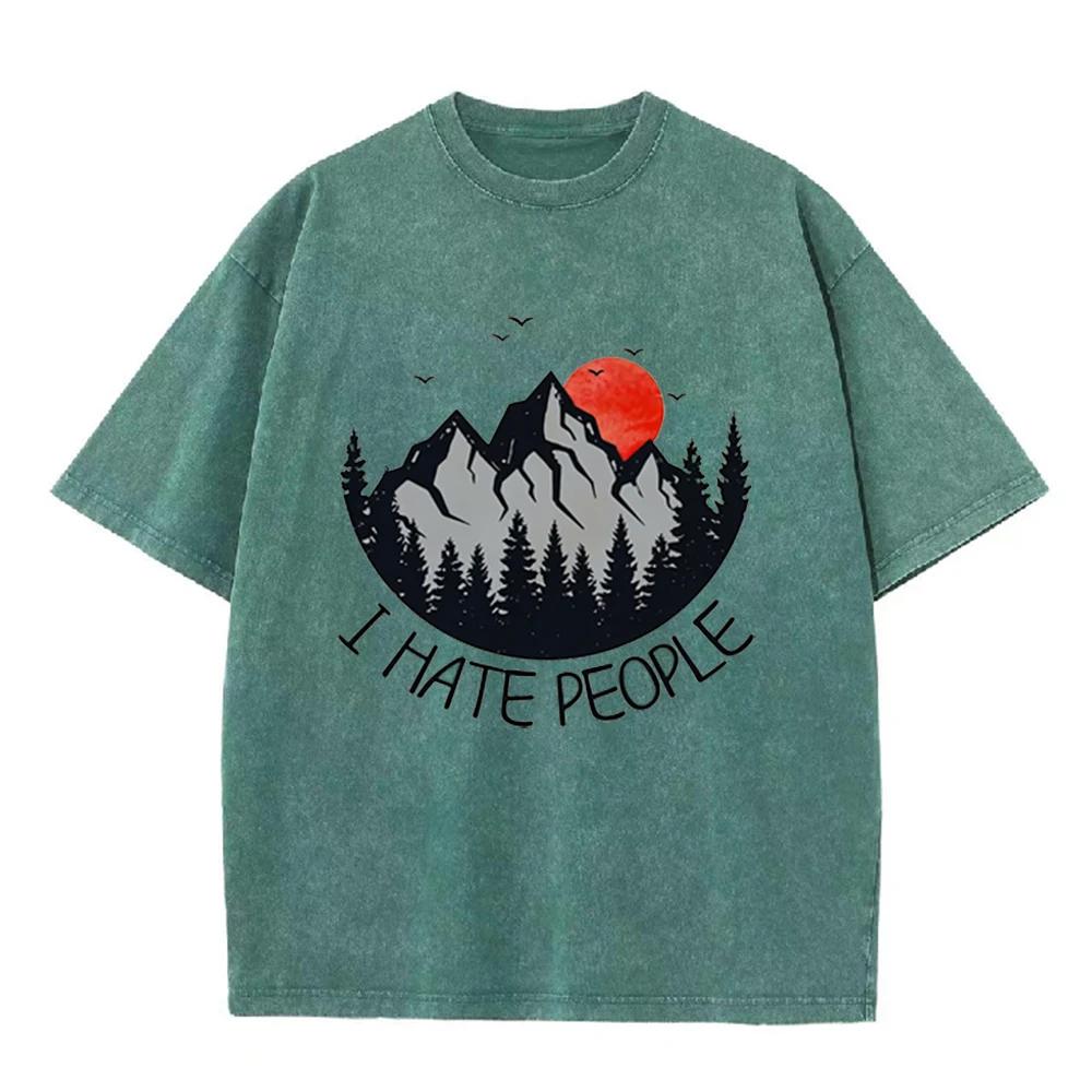 2026 Vintage Mountain Pine Forest Red Sunset Bird Graphic Brown Acid Washed T Shirt Retro Outdoor Funny Slogan Oversized Unisex