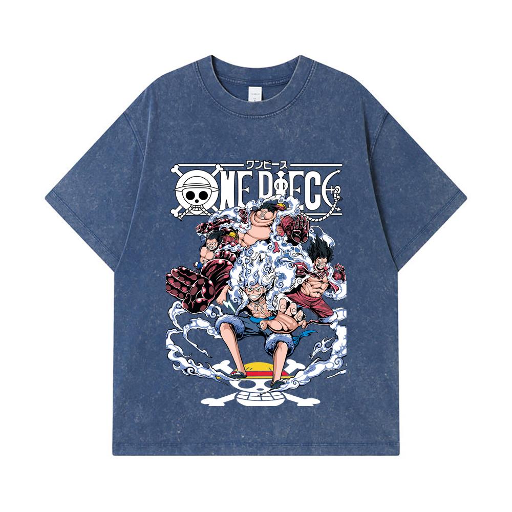 275 GSM Washed T-shirts 100% Cotton One Piece V30 Luffy Gears Print Unisex Heavy Cotton T Shirt