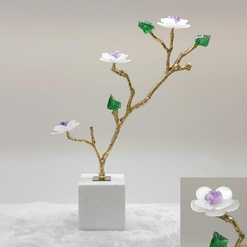 Natural Crystal Flower Metal Tree Golden Branches Crystal Sculpture Metal Figurine Marble Home Decoration Accessories