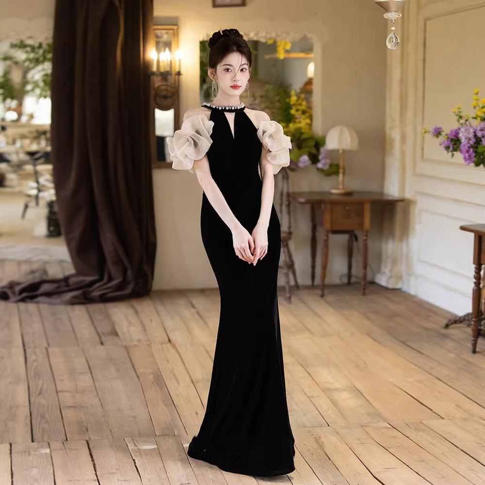 Black Banquet Evening Dress Dress New Light Luxury Niche Waist Fishtail Temperament Long Host Dress