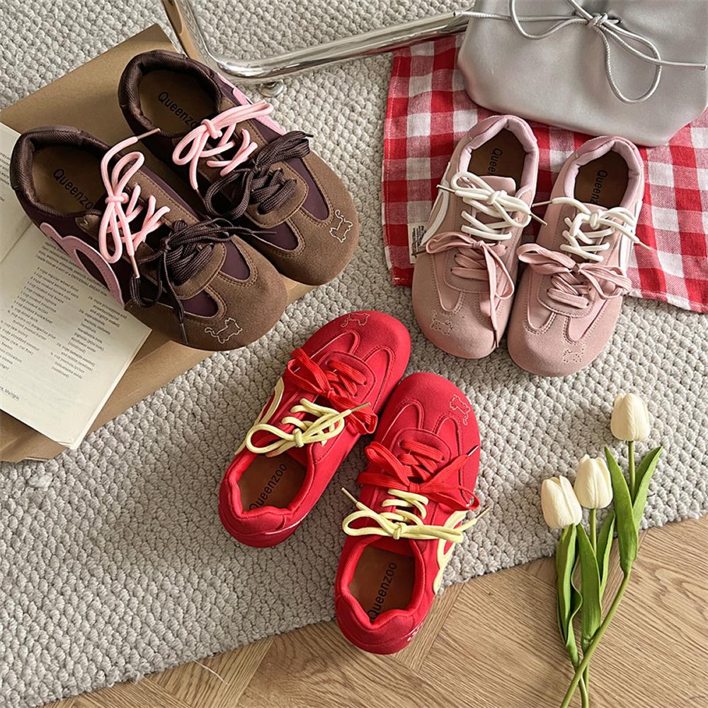 Rote Retro Damen Deqin Schuhe Frühling Sommer Neu Allround Wildlederimitat Freizeit Sportschuhe Schnürschuhe Agan Schuhe Gummisohle