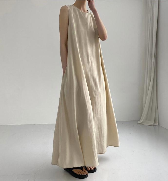 Korean Chic Pumpkin-Colored Sleeveless Cotton Linen Swing Dress