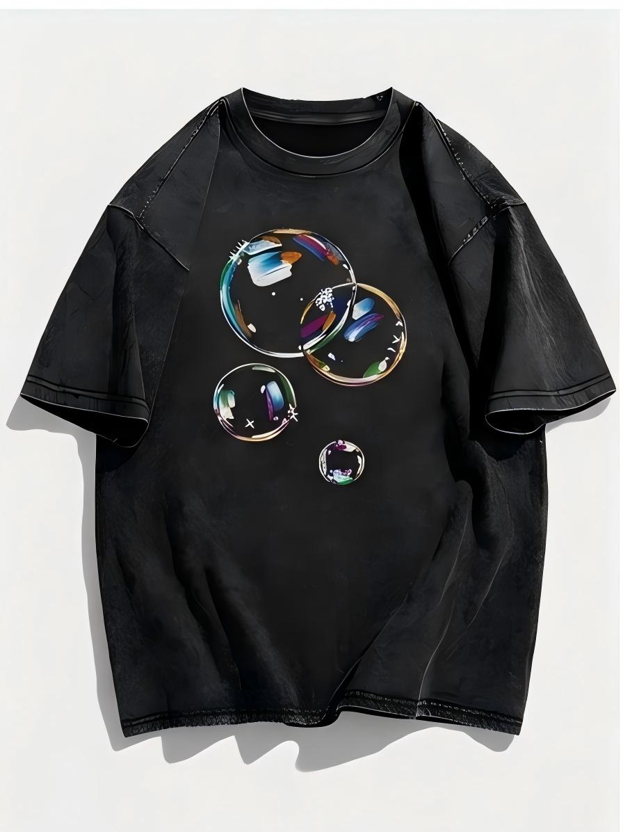 Washed Cotton Bubble Print TShirt Artistic Iridescent Design Graphic Tee Unisex Oversized Streetwear for Summer S