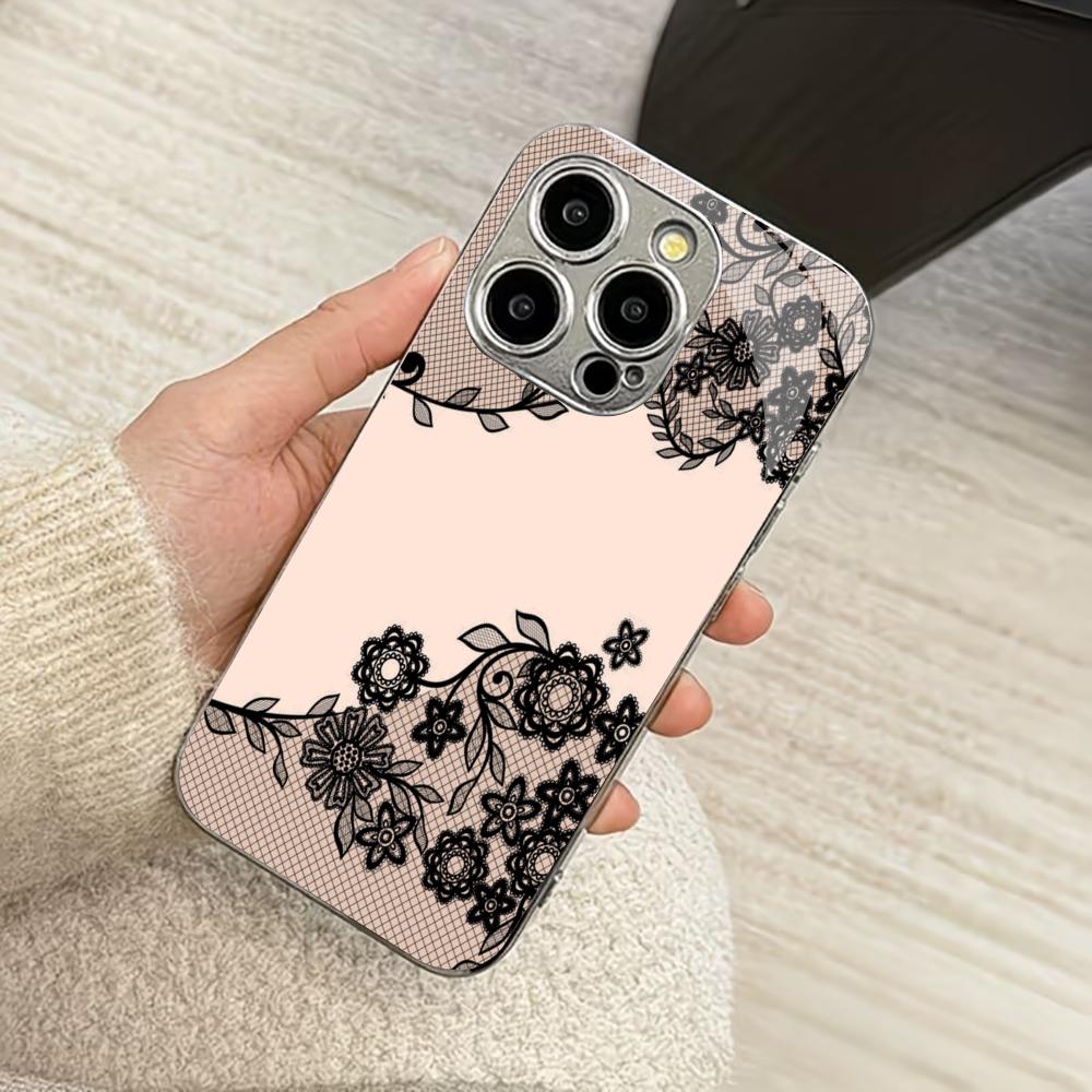 Luxury Pink Black Lace Floral phone case mobile phones for iphone 17 pro max cover Glass for iPhone 17 16 15 14 13 12pm Pro Plus