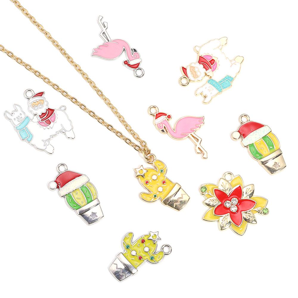 10pcs/Lot Alloy Christmas Enamel Charms Christmas Charms Pendants Flower Bird Cactus Pendants For DIY Jewelry Making Necklace