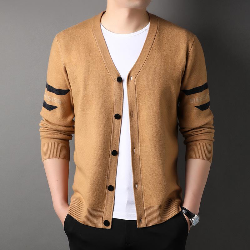 Herbst Neu Einfarbiges Hemd Dünner V-Ausschnitt Herren Strickjacke Top Mittleren Alters Business Casual Mantel Tide Locker