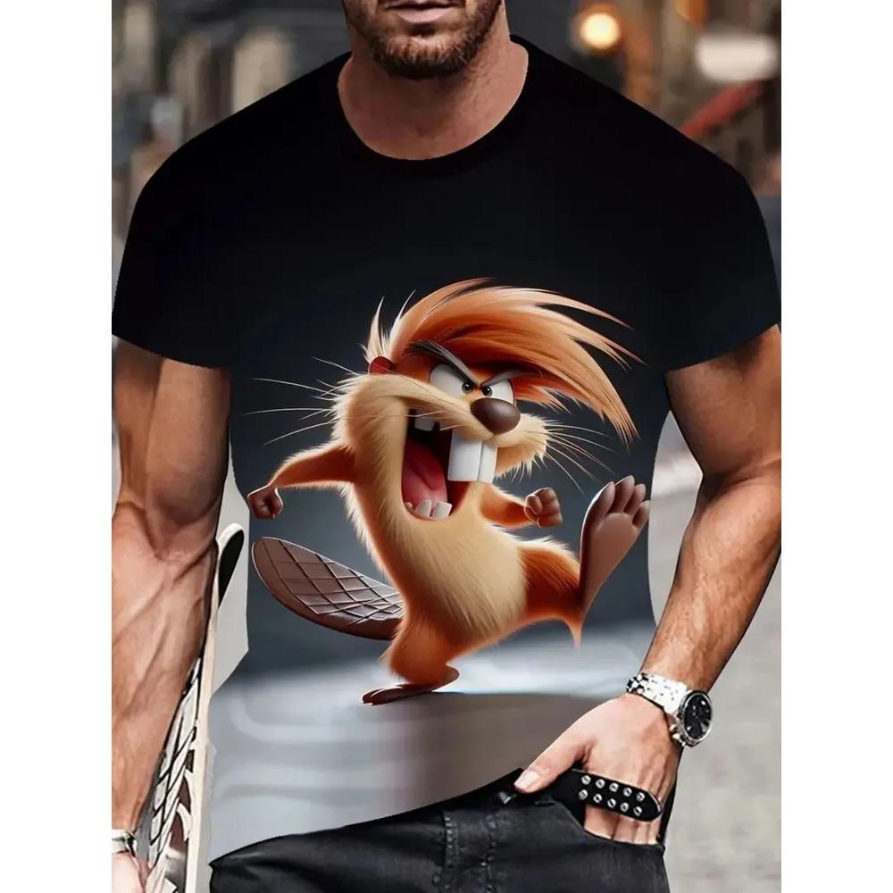 Summer Men's Fun Animal Print Oversized Loose Casual T-shirt Fashionable Comfortable Soft Breathable Short Sleeved T-shirt