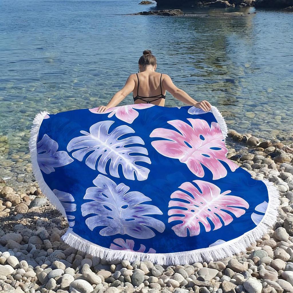 Tropical Plant Print Round Beach Towel Super Absorbent Quick Dry Microfiber Outdoor Picnic Mat Sunbathing Blanket For Travel