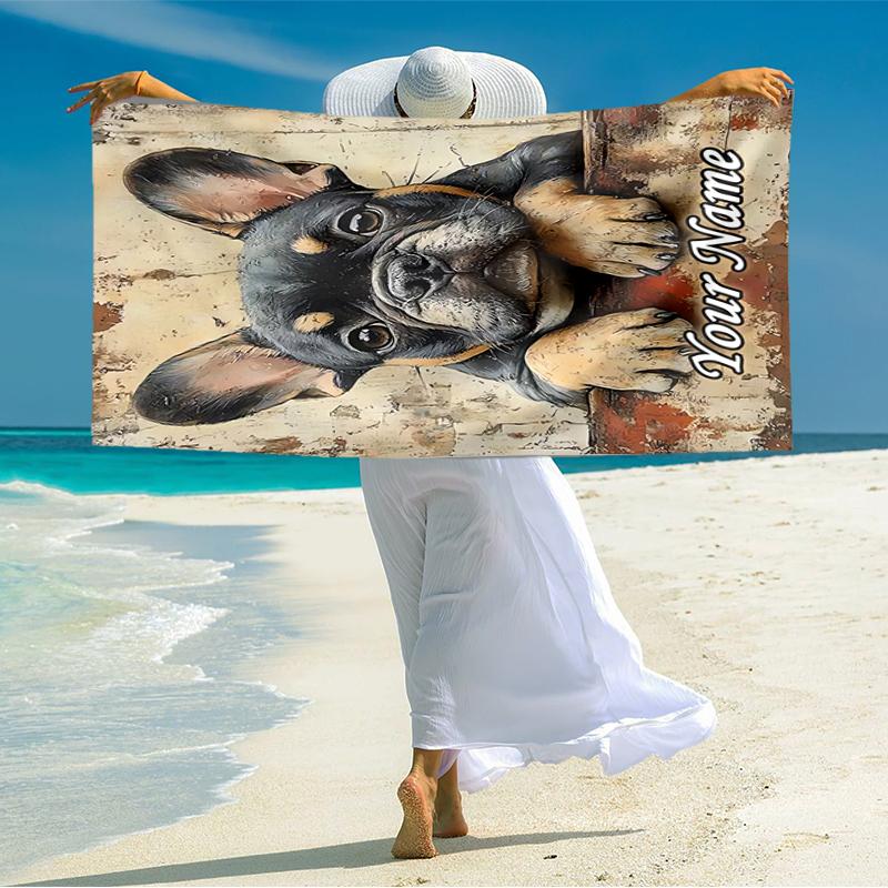 1PC Custom Name French Bulldog Portrait Beach Towel Highly Absorbent And Sand-Resistant Towel for Swimming, Pool, Yoga, And Travel Lightweight