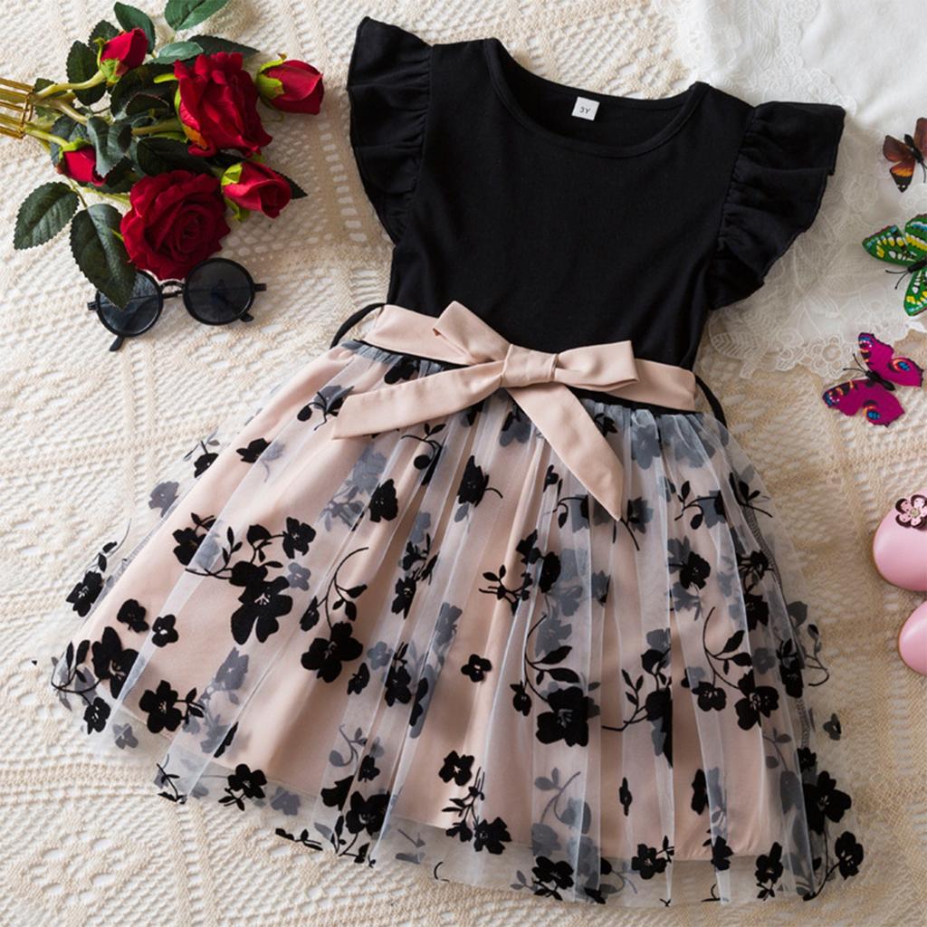 Girls Spring And Summer Dress Flying Sleeve Black Top Splicing Mesh Floral Skirt
