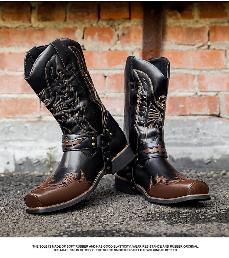 Men's Large Size Western Cowboy Leather Boots - Autumn Embroidered, Square Toe, High Top.