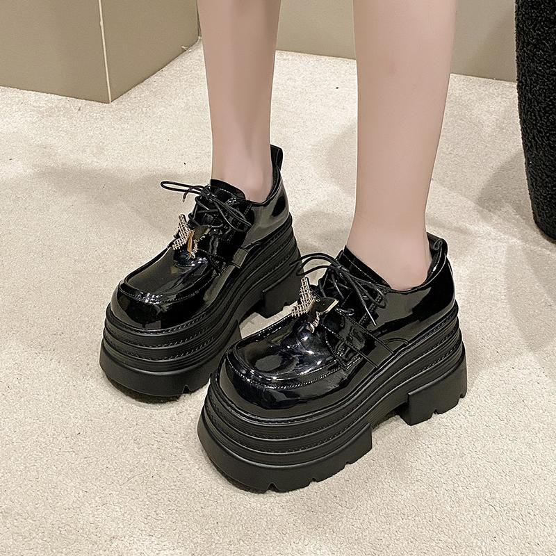 Aphixta 10cm Super High Women Autumn Boots Butterfly Lace Up Women Shoes Thick Botton Sole Boot Patent Leather Footwear