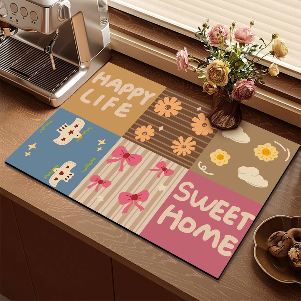 Cartoon Patchwork Good Luck Drying Mat Cat Watermelon Apple Print Non Slip Absorbent Espresso Machine Counter Pad Rug