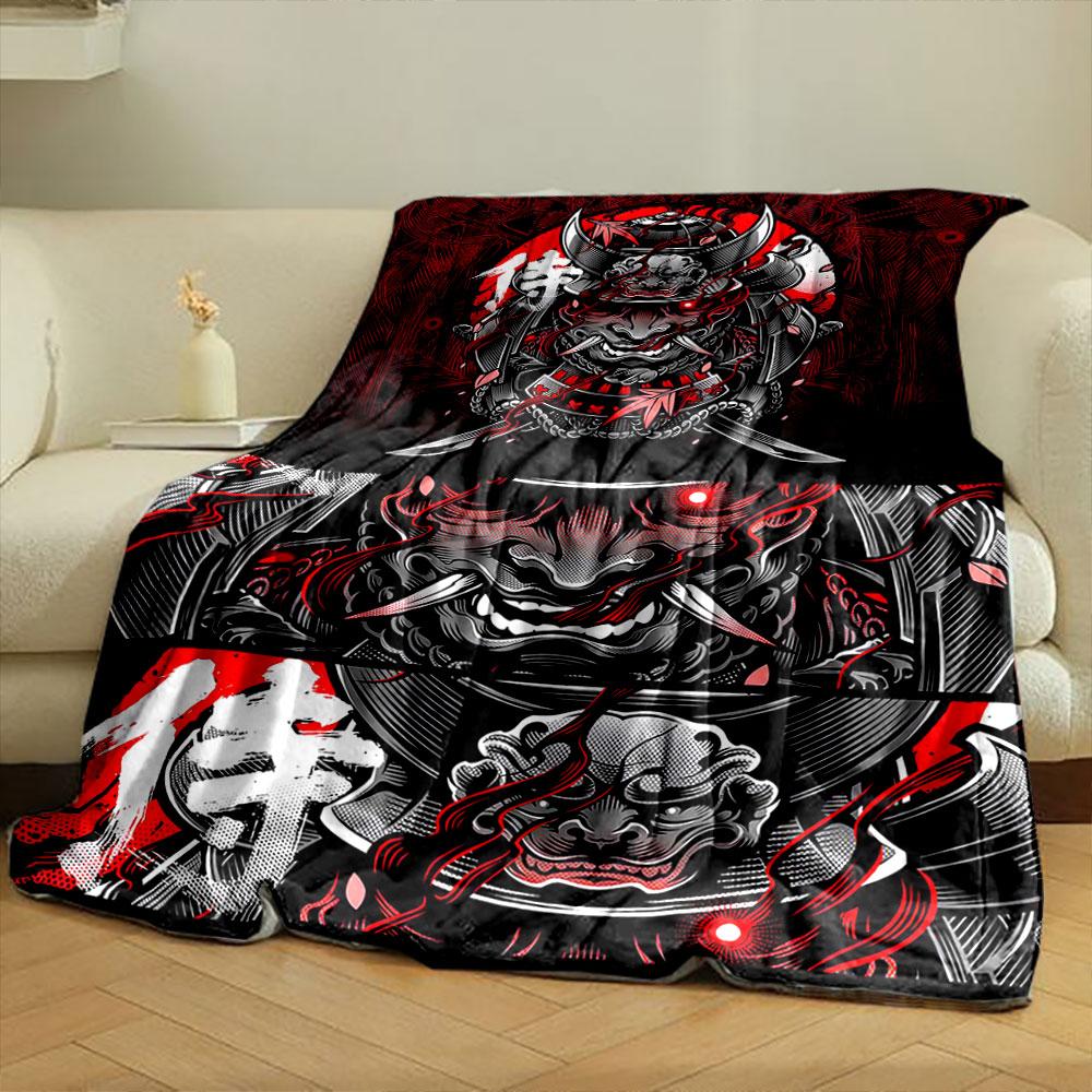 Samurai Mask with Horns, Red Background, and Bold Japanese Characters. for All Seasons Blanket Lunch Break Throw Gift