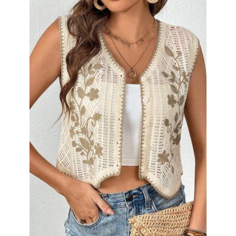 Europe and America Cross Border Spring and Summer V Neck Plant Pattern Knitting Crocheted Cut Out Single-Breasted Short Vest Vest Tops Women