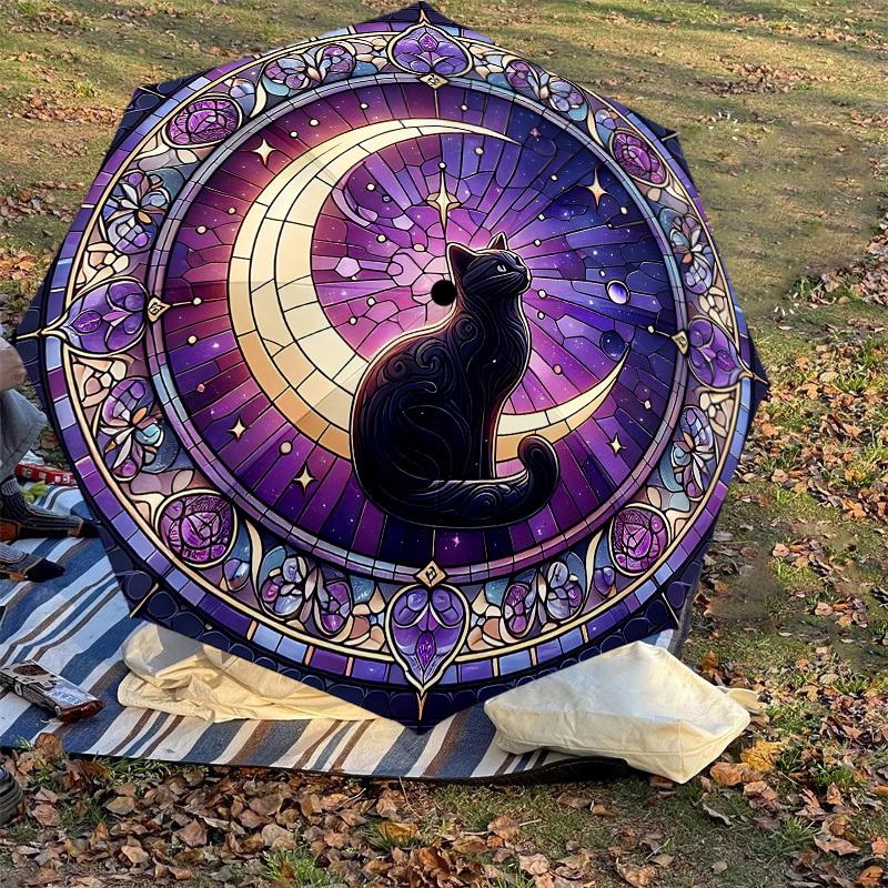 1PC stained glass window moon cat Umbrella-8-Rib Reinforced, Automatic Open, Lightweight & Durable, Cute Fashion Accessory for Outdoor-W9235
