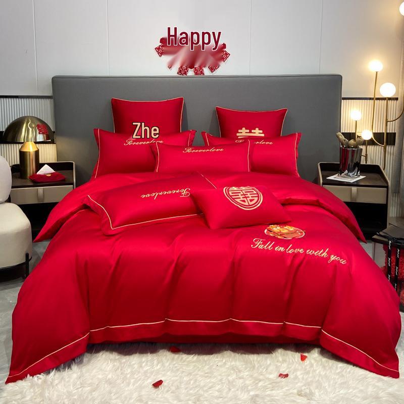 Embroidered Red Wedding Bedding Set - Duvet Cover & Fitted Sheet for Newlyweds