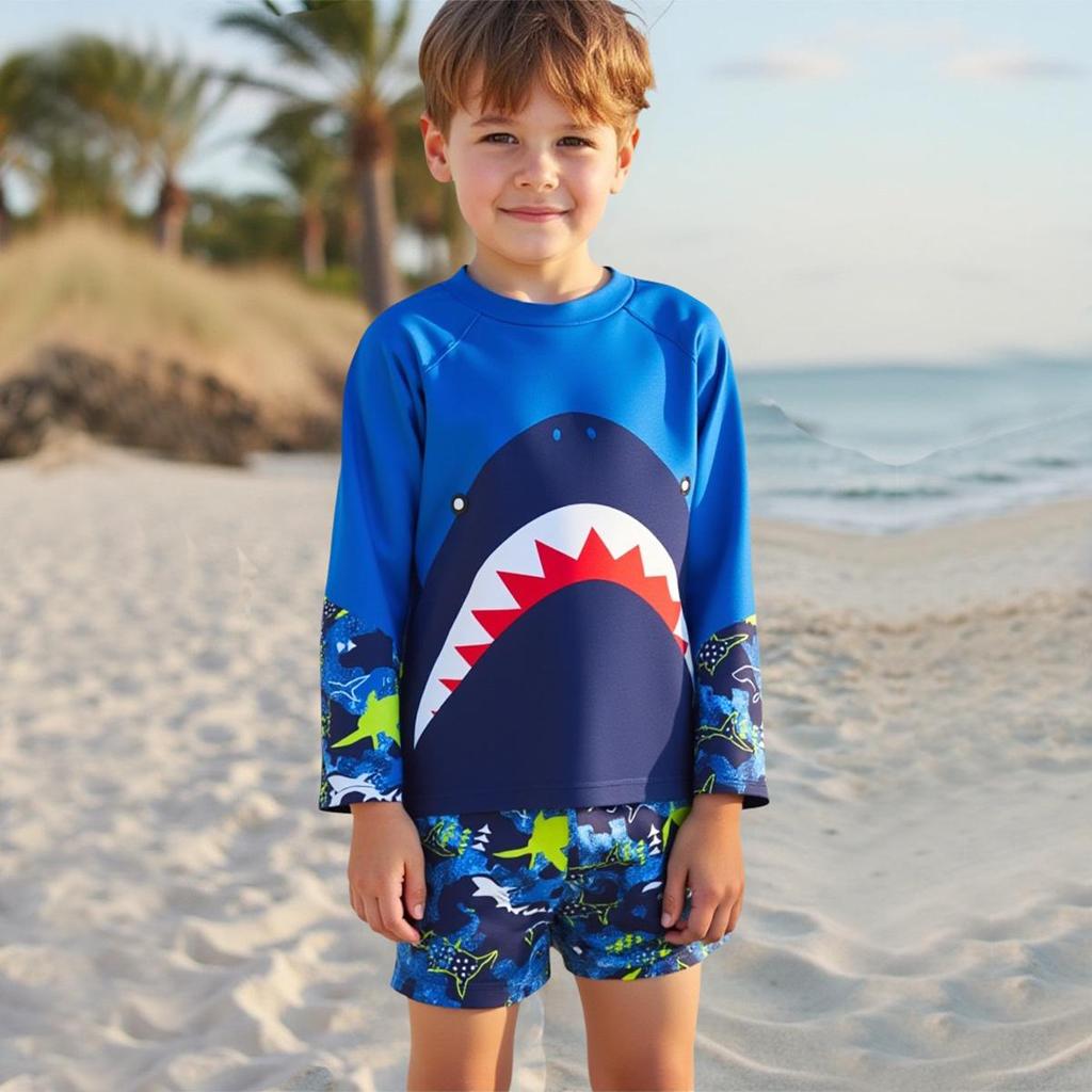 2025 Boys' Shark Print Long Sleeve Two-Piece Swimsuit Set