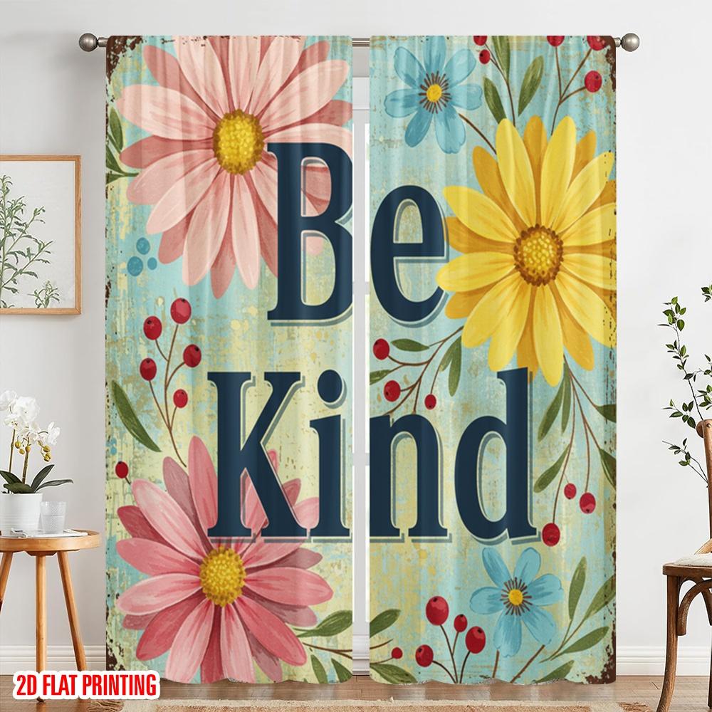 2pcs 2D Flat Printing Window Curtains Daisy Floral Be Kind Metal Sign Fabric Without Electricity Festive Wall Decor Perfect for