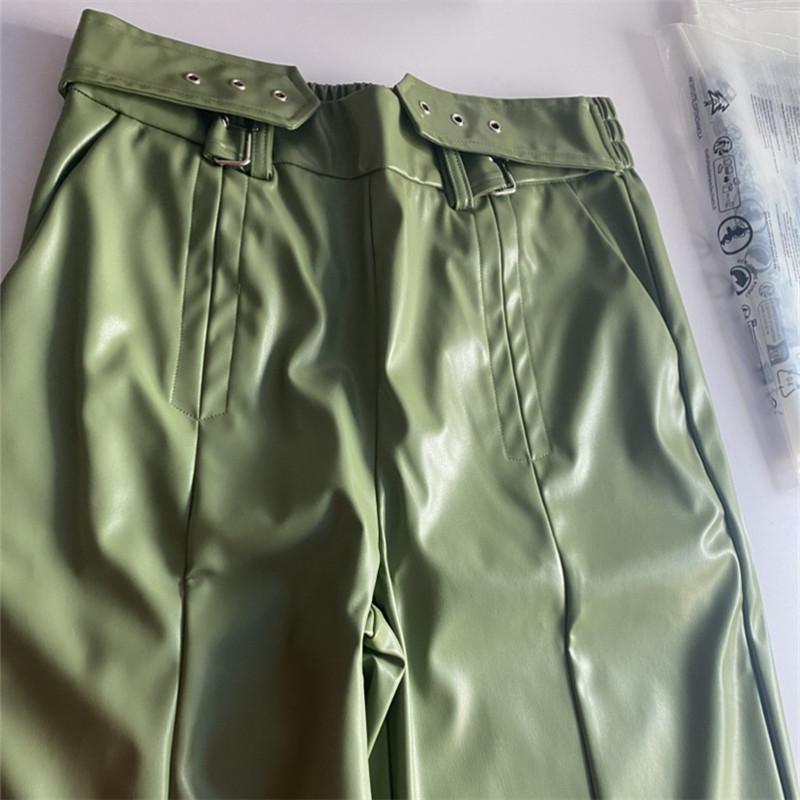 Pu Leather Women's Long Pant Solid Color High Waist Wide Leg Lady Trousers Pleated Pockets Belt Vintage Female Streetwears