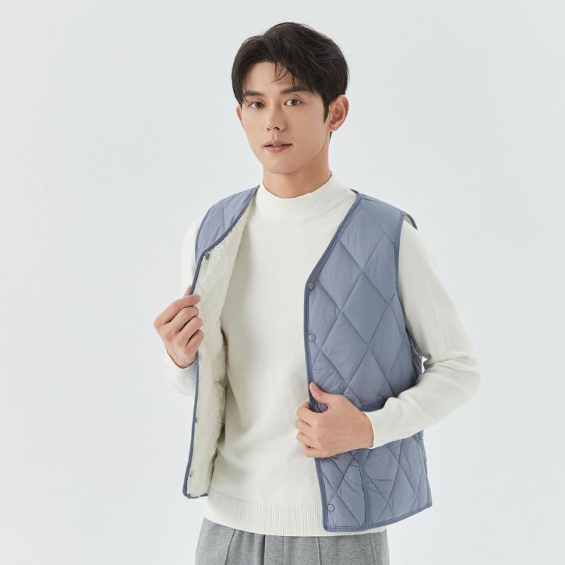 Men's Autumn and Winter Velvet Warm Medium and Green Vest Liner Pocket Men's Rhombus Short Snap Vest