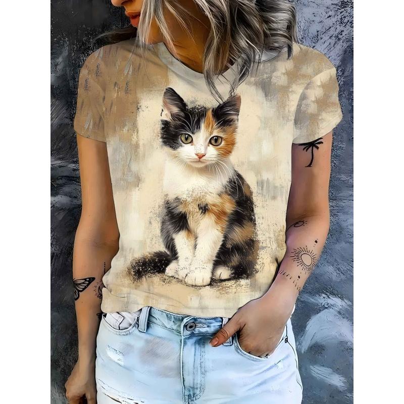 

3D Printed Cute Cat T Shirt For Women Girl Jesus Pattern T-Shirts Summer Fashion Round Neck Loose Tops Street Short Sleeve Tees M