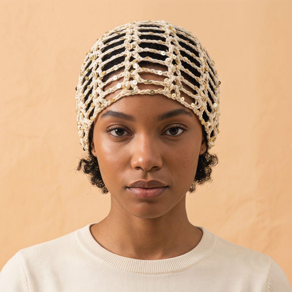 Solid Color Hollowed Out Knitted Hat Thin Bohemian Style Beanies Crochet Sequined Hat Pullover Hat