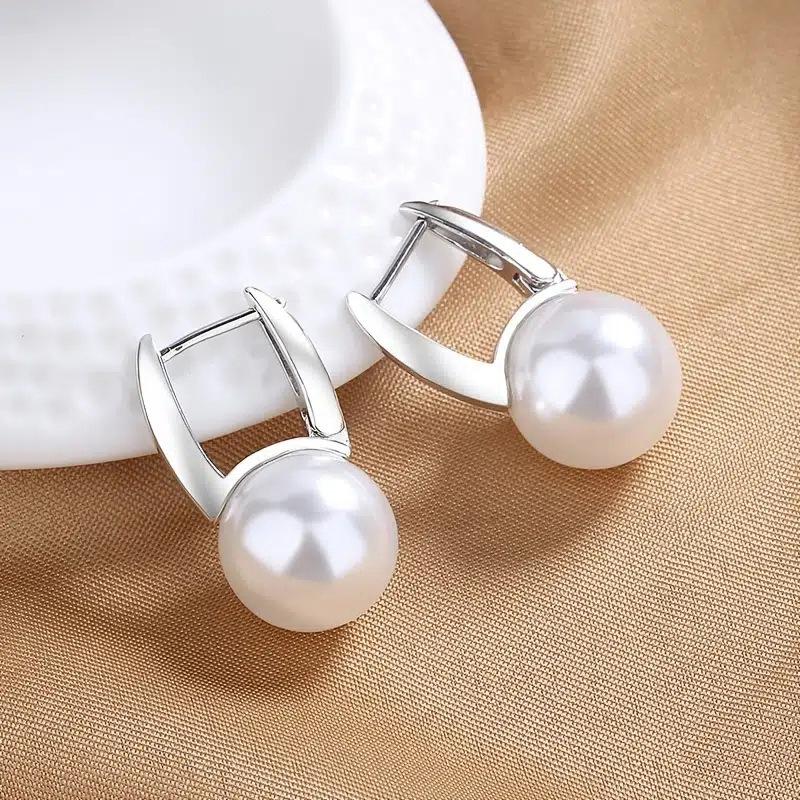 Vintage Female Earrings Sterling Silver Round Pearl Small Earrings for Women Promise Love Wedding Pendientes Bijoux