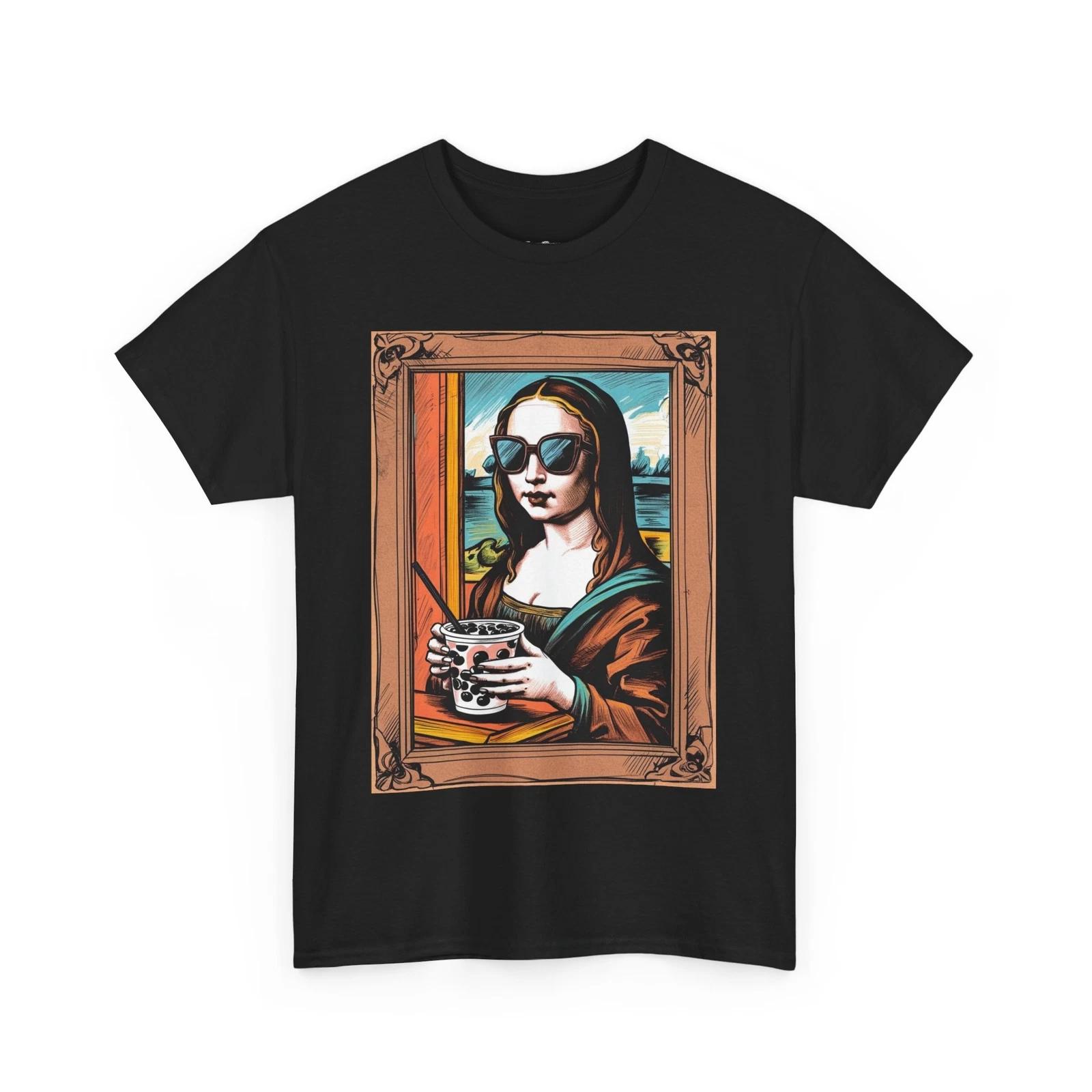 Mona Lisa Sunglasses Tee, Boba Coffee Shirt, Artistic Graphic T-shirt, Cultural S