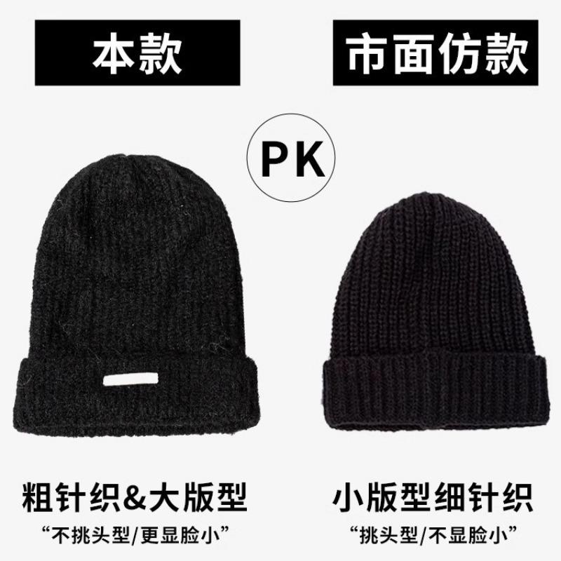 Wollgestrickte Wollmütze für Damen, großer Kopfumfang im Herbst und Winter, kleines Gesicht, warme Pile-Mütze, graue Mütze Tide