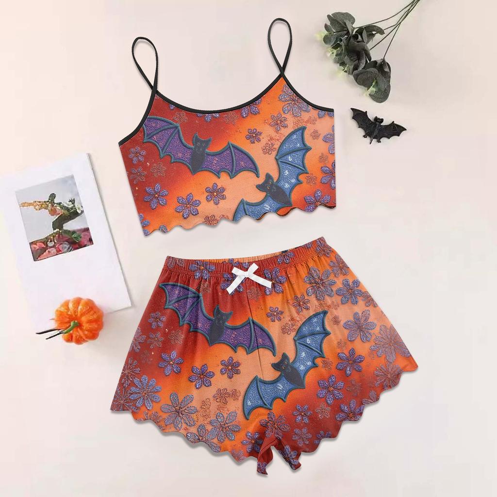 Women's Halloween Set With Retro Floral Print Suspender Sleeveless Vest Shorts Pajama Set
