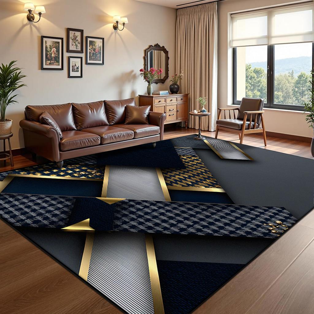 Covor Albastru Modern Abstract pentru Sufragerie, Dormitor Nordic, Covor Antiderapant, Catifea Scurtă, Covoraș Personalizabil, Lavabil